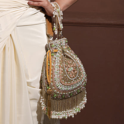 Noor-E-Pearl Potli Bag – Handcrafted Pastel Beaded Drawstring Clutch with Pearl Tassels | Wedding & Festive Purse for Women
