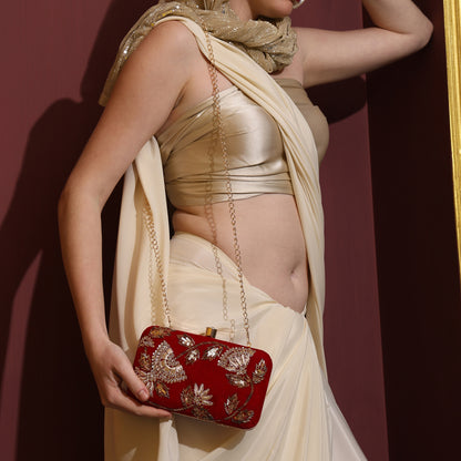 Noorani Red Velvet Embroidered Clutch – Handcrafted Ethnic Partywear Box Bag with Zari Work