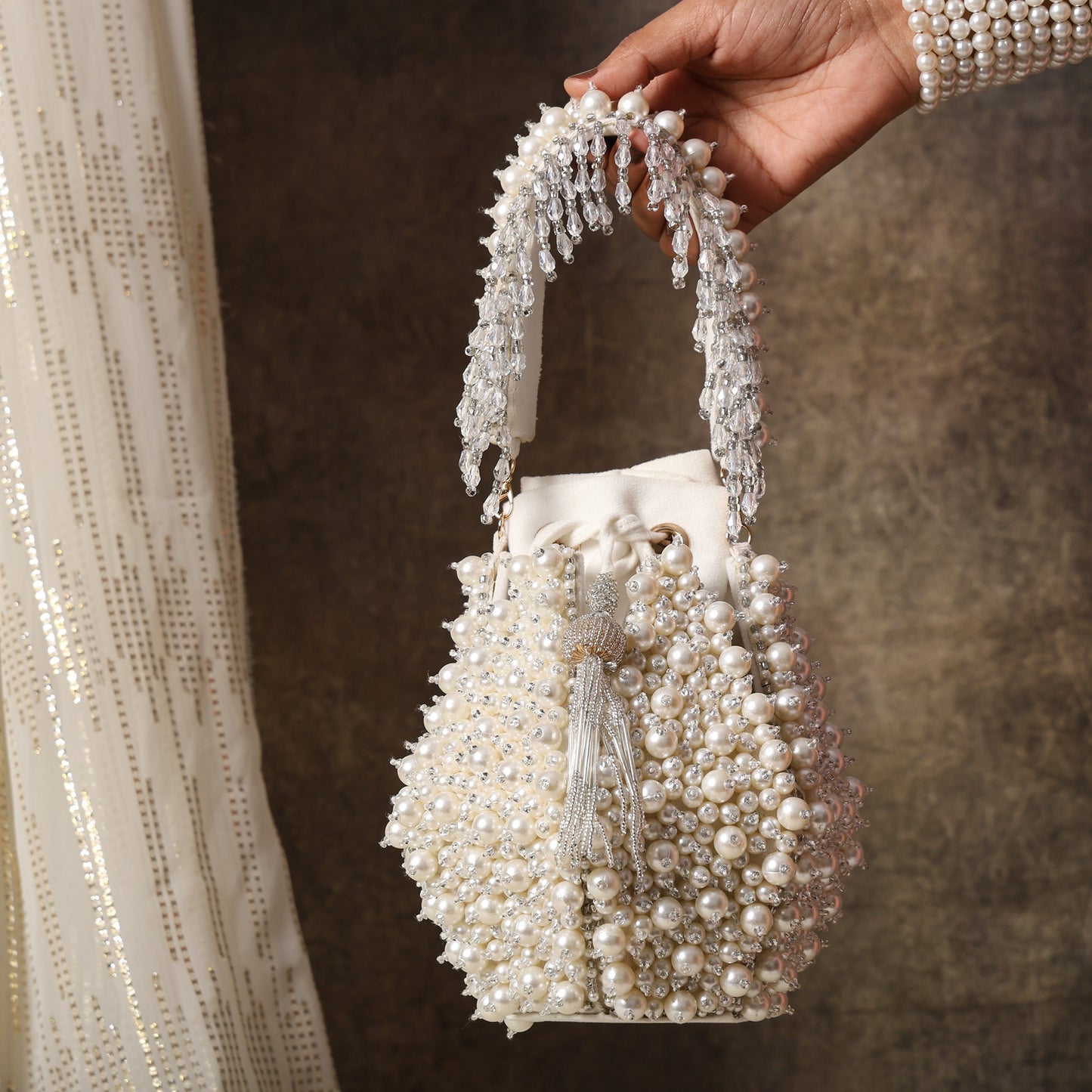 Pearl Majesty Luxurious Hand-Embellished Potli Bag with Exquisite Pearl & Crystal Detailing