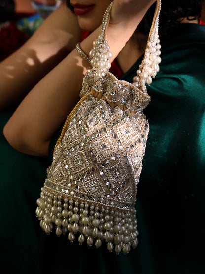 Royal Grace Potli Exquisite Hand-Embellished Potli Bag with Mirror and Pearl Detailing