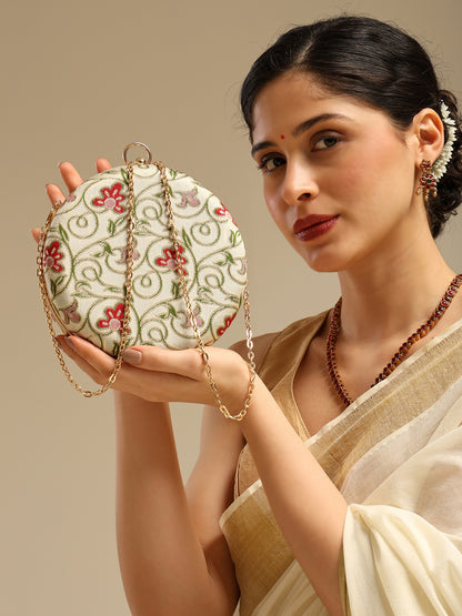 Phooldaan Elegant Round Clutch with Intricate Floral Embroidery & Crystal-Accented Handle