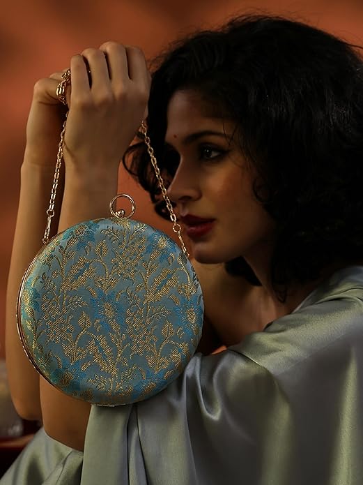 Heritage Luxe Round Floral Embroidered Clutch with Metallic Accents
