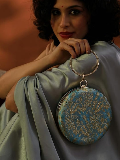 Heritage Luxe Round Floral Embroidered Clutch with Metallic Accents