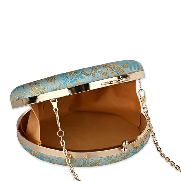 Heritage Luxe Round Floral Embroidered Clutch with Metallic Accents