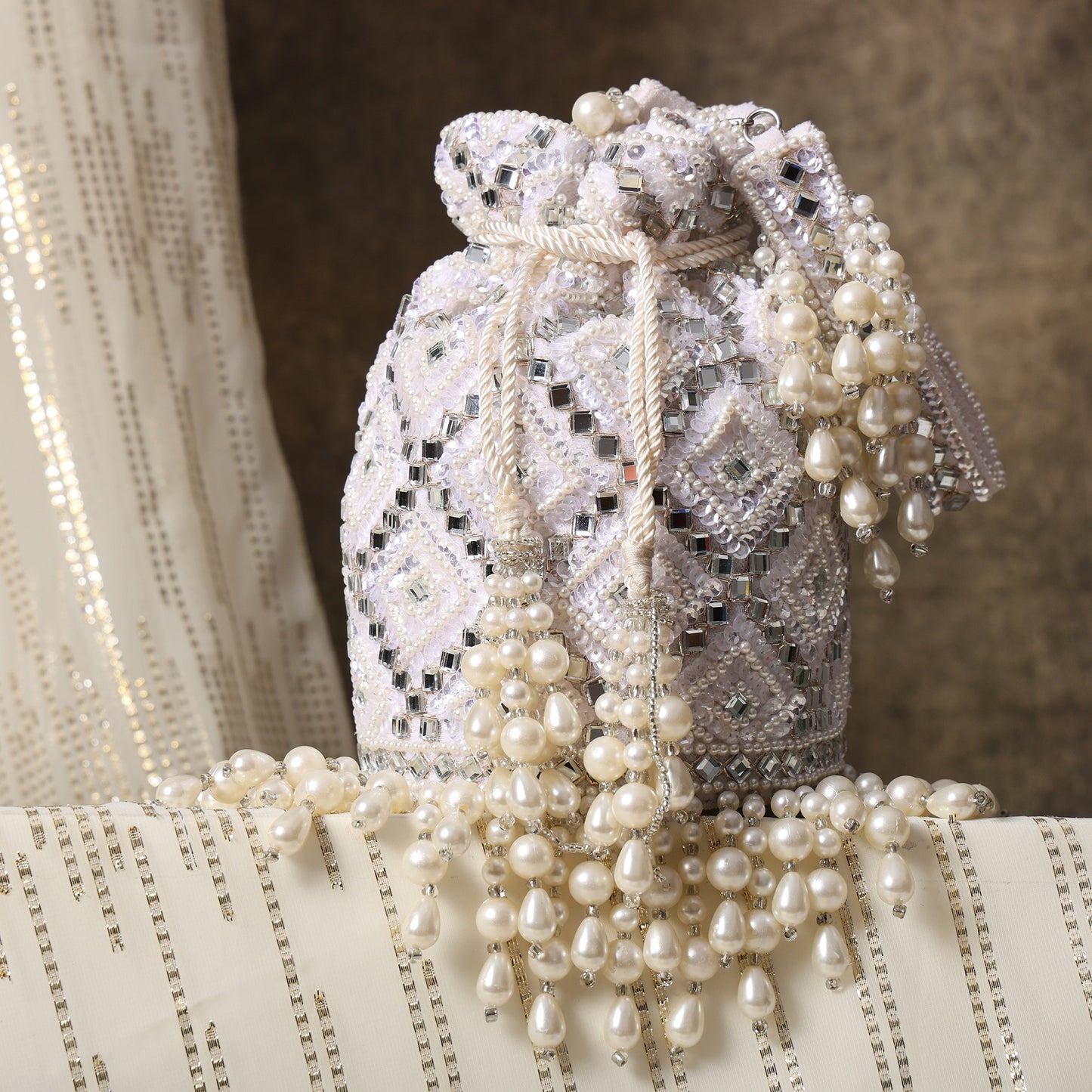 Motiya Potli Exquisite Hand-Embellished Potli Bag with Intricate Bead & Mirror Detailing
