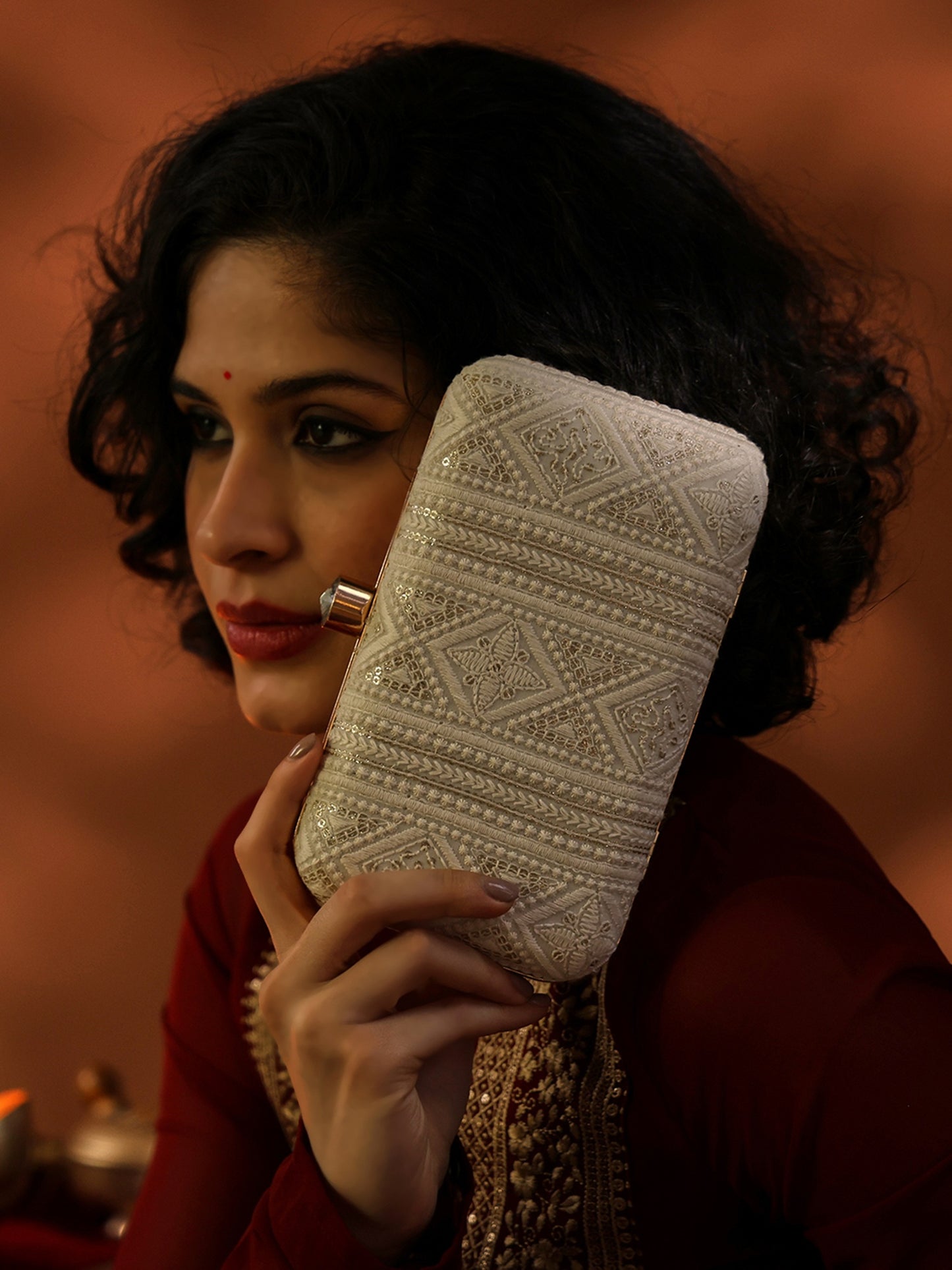 Regal Charm Embroidered Box Clutch with Geometric Detailing and Crystal Clasp