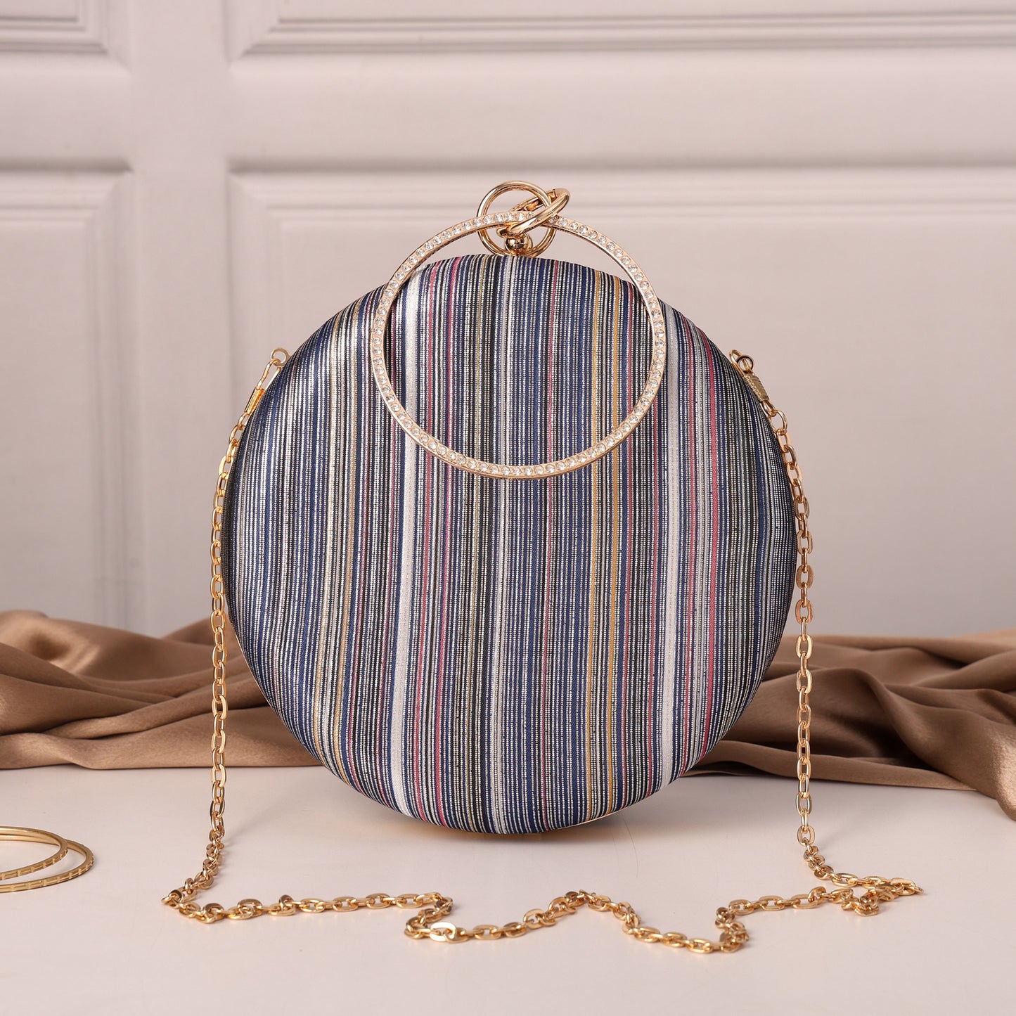 Galaxy Glow Round Statement Clutch with Metallic Chain & Ring Handle