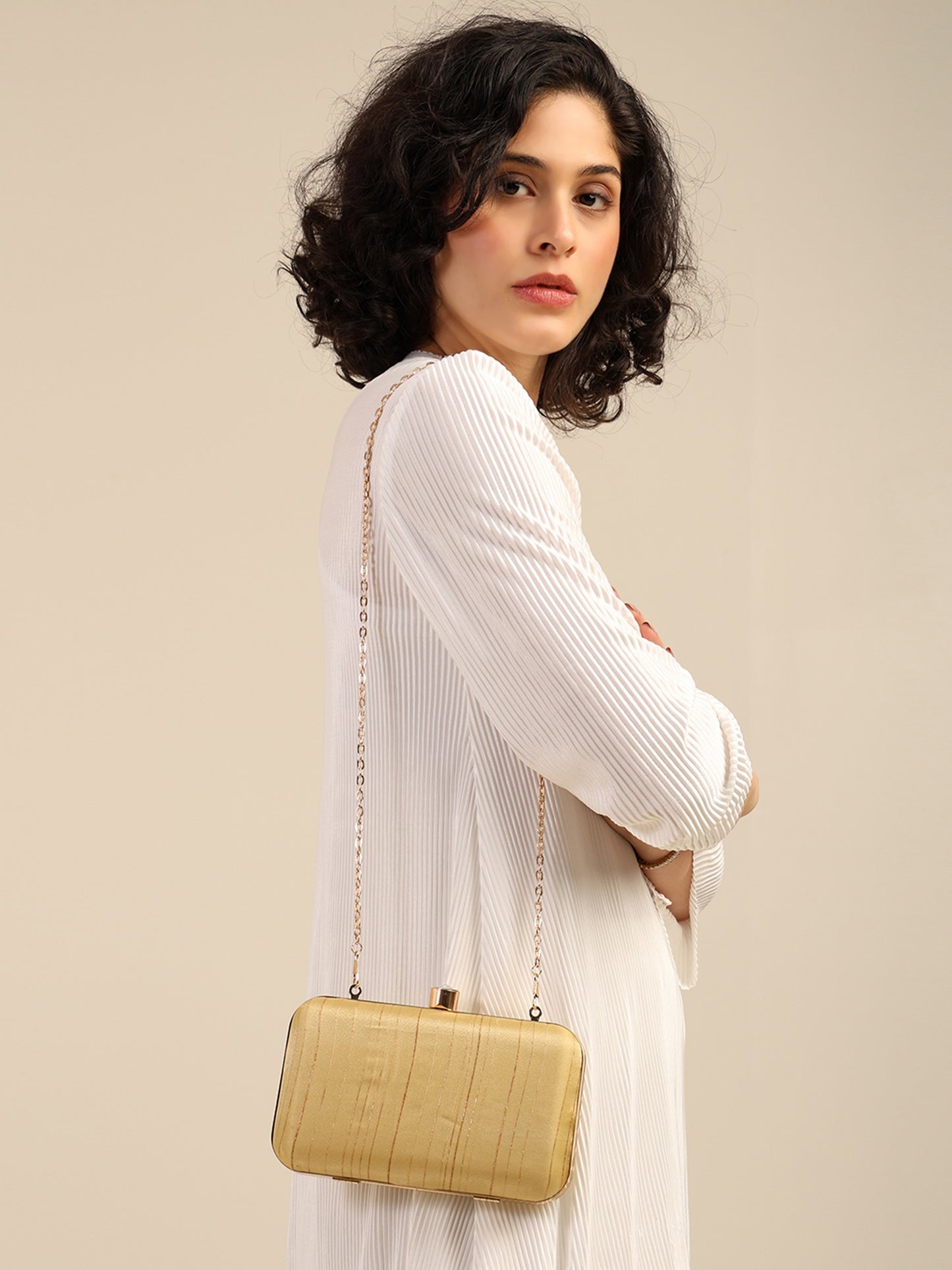 Eterna Chic Elegant Striped Box Clutch with Detachable Chain Strap