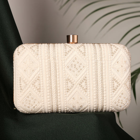 Regal Charm Embroidered Box Clutch with Geometric Detailing and Crystal Clasp