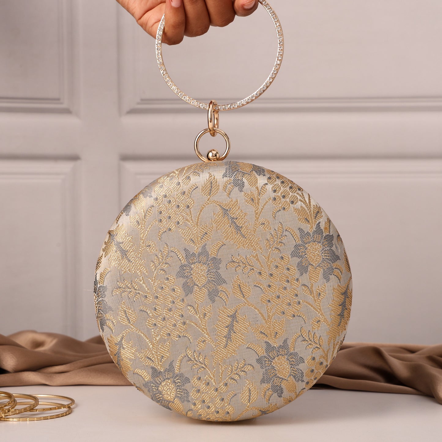 Heritage Luxe Round Floral Embroidered Clutch with Metallic Accents