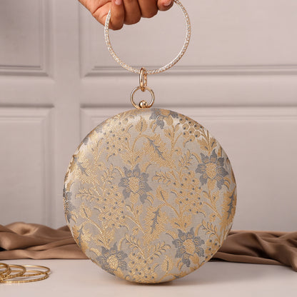 Heritage Luxe Round Floral Embroidered Clutch with Metallic Accents