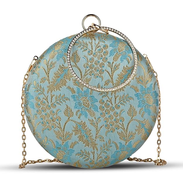 Heritage Luxe Round Floral Embroidered Clutch with Metallic Accents