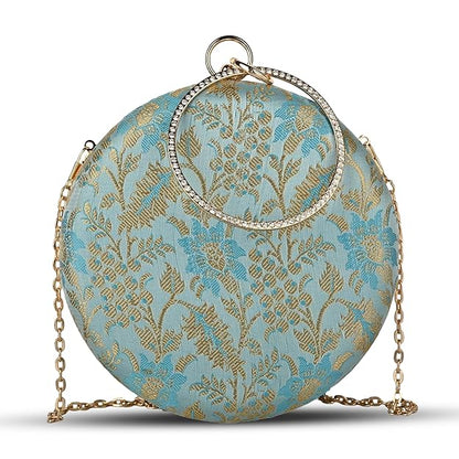 Heritage Luxe Round Floral Embroidered Clutch with Metallic Accents