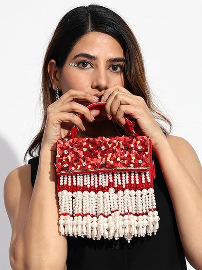 Phoolon Ki Rani Floral Flap Bag with Pearls & Gold Chain | Designer Bridal Flap Bag for Women