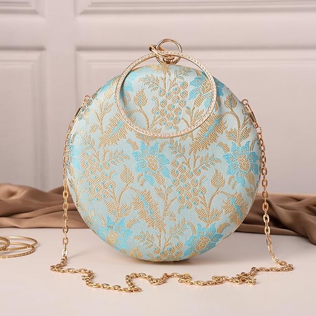 Heritage Luxe Round Floral Embroidered Clutch with Metallic Accents
