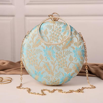 Heritage Luxe Round Floral Embroidered Clutch with Metallic Accents