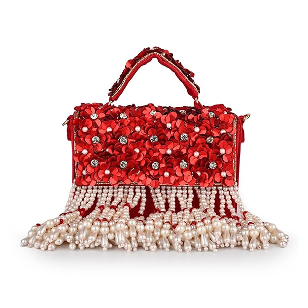 Phoolon Ki Rani Floral Flap Bag with Pearls & Gold Chain | Designer Bridal Flap Bag for Women