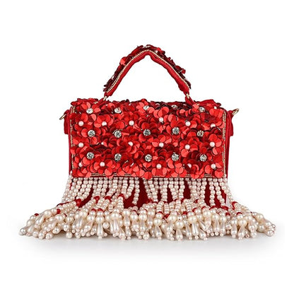 Phoolon Ki Rani Floral Flap Bag with Pearls & Gold Chain | Designer Bridal Flap Bag for Women