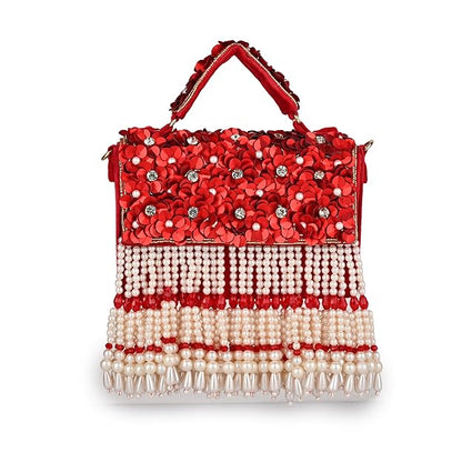 Phoolon Ki Rani Floral Flap Bag with Pearls & Gold Chain | Designer Bridal Flap Bag for Women