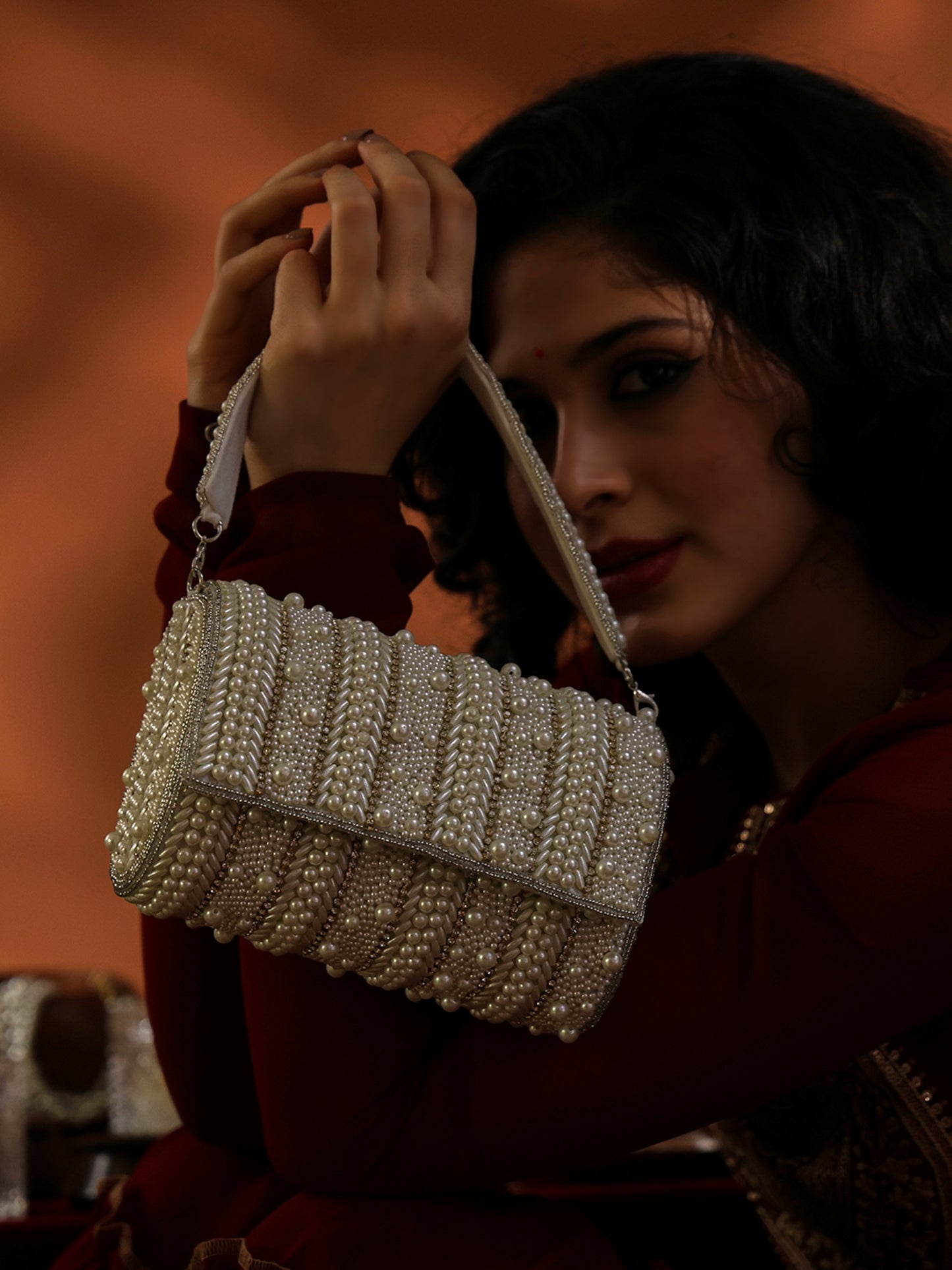 Mehfil Handcrafted Pearl-Embellished Flap with Detachable Handle