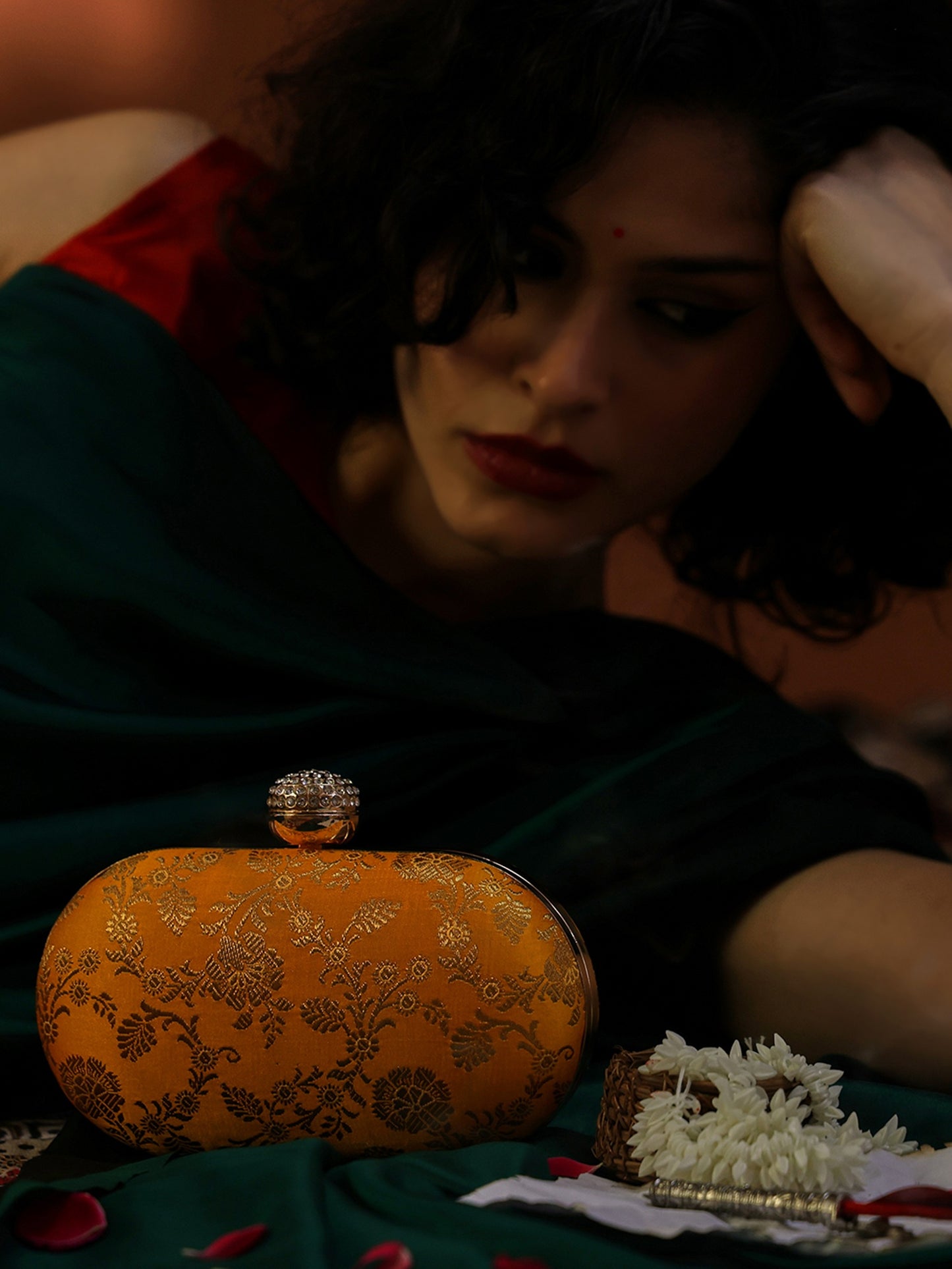 Heritage Royale Embellished Clutch with Ornate Floral Detailing and Crystal Studded Clasp