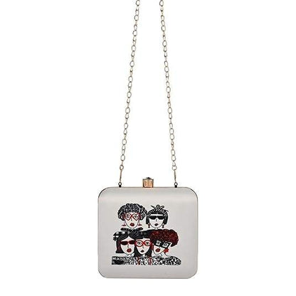 Squad Goals Women's Designer Clutch Bag – Quirky Printed Box Purse with Detachable Sling | Trendy Party Handbag for Girls & Women