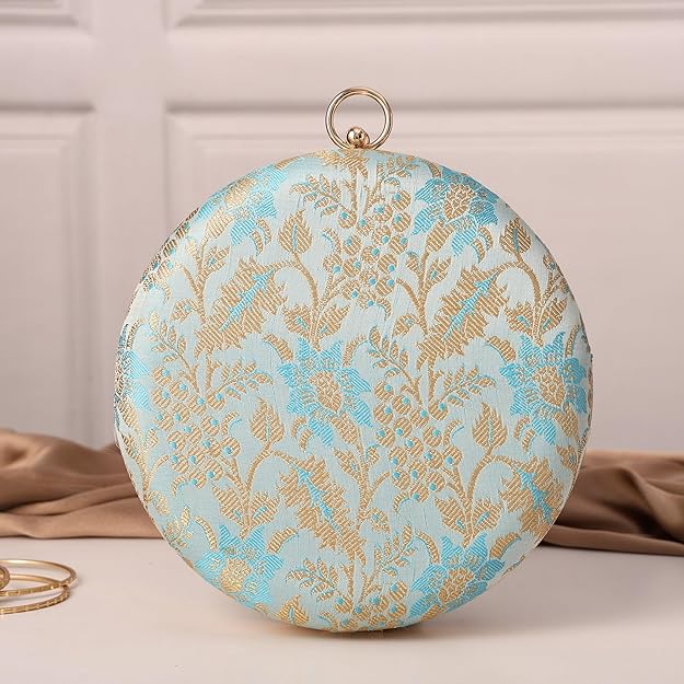 Heritage Luxe Round Floral Embroidered Clutch with Metallic Accents