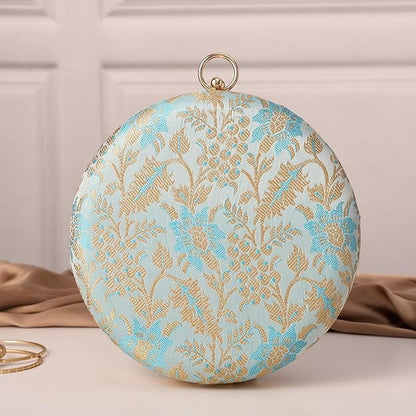 Heritage Luxe Round Floral Embroidered Clutch with Metallic Accents