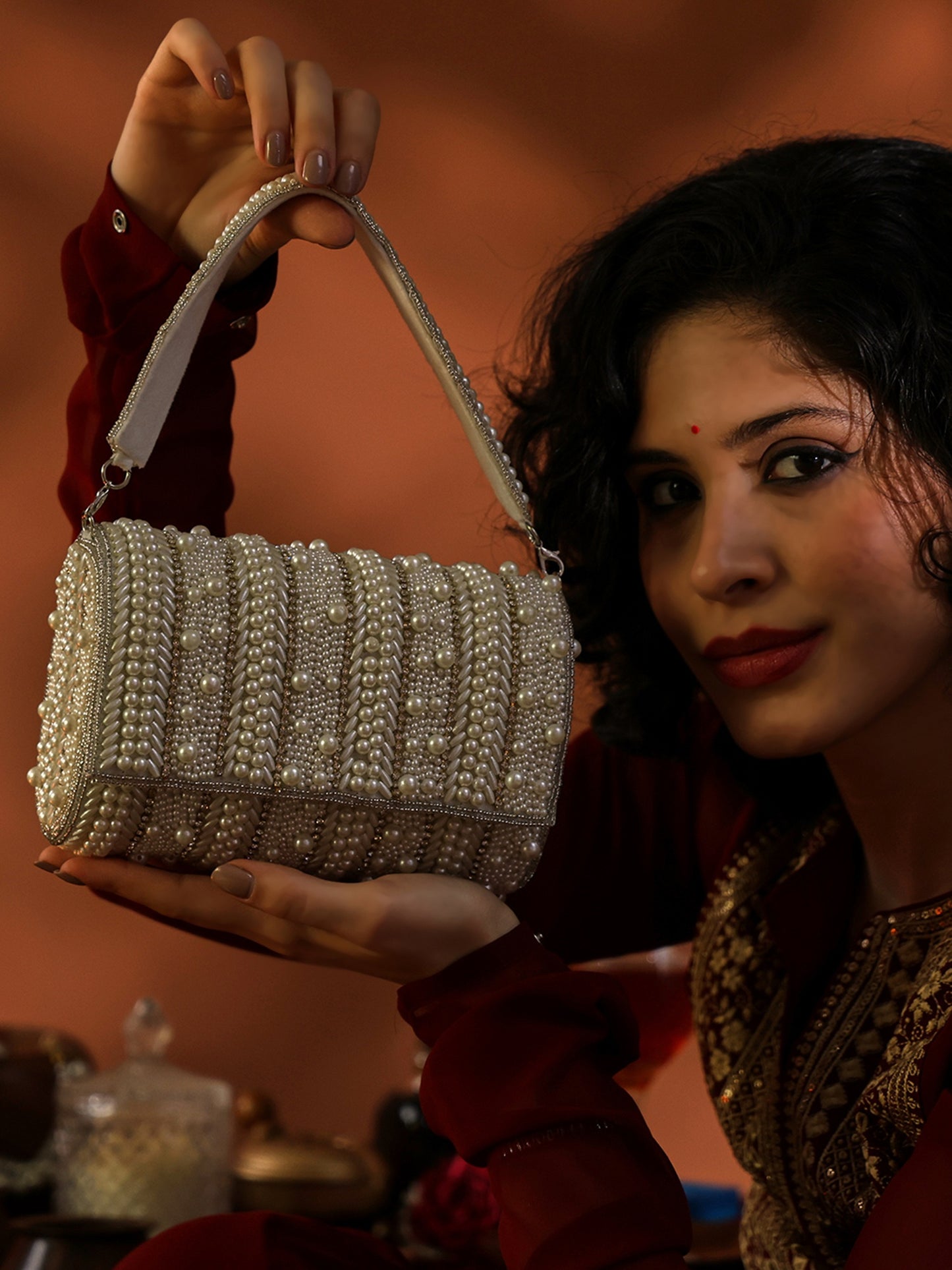 Mehfil Handcrafted Pearl-Embellished Flap with Detachable Handle