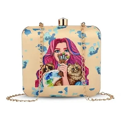 Purrfect Muse Quirky Printed Clutch Bag for Women - Convertible Detachable Sling Purse, Cute Party Handbag for Girls & Women