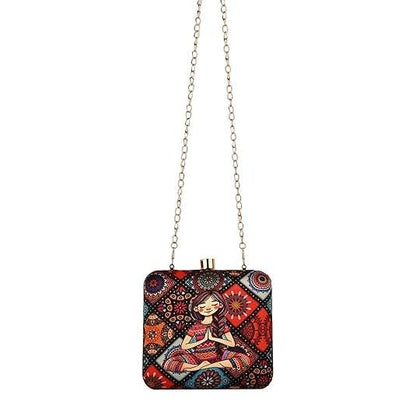 Namaste Vibes Women's Designer Clutch Bag – Quirky Printed Box Purse with Detachable Sling | Trendy Party Handbag for Girls & Women