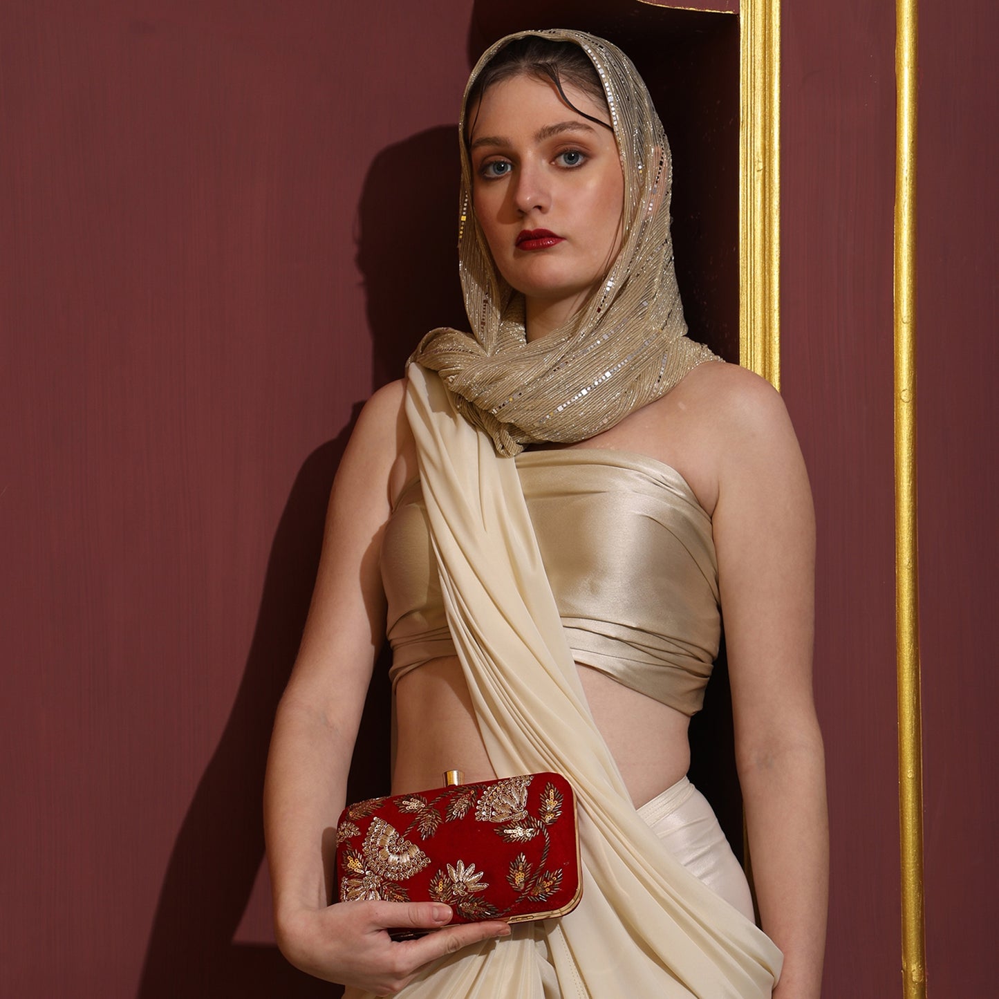 Noorani Red Velvet Embroidered Clutch – Handcrafted Ethnic Partywear Box Bag with Zari Work