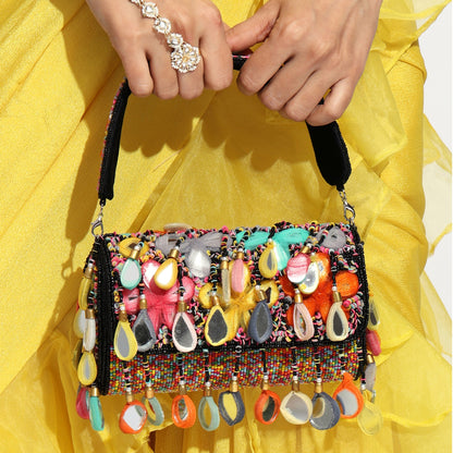 Banjara Beats – Multicolor Handcrafted Flap Bag | Boho-Chic Embellished Clutch with Fabric Drops & Beaded Handle