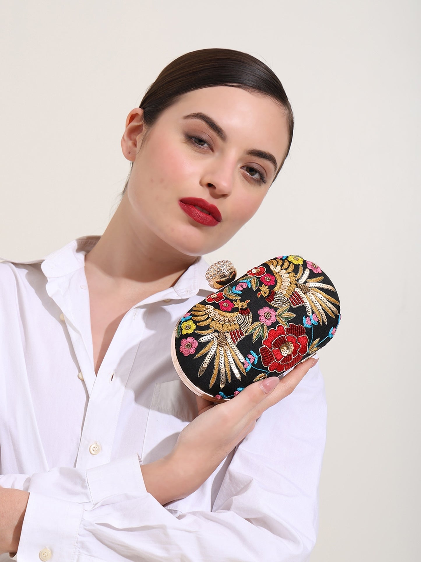 Crimson Feather Women's Box Clutch Purse Bag with sling chain