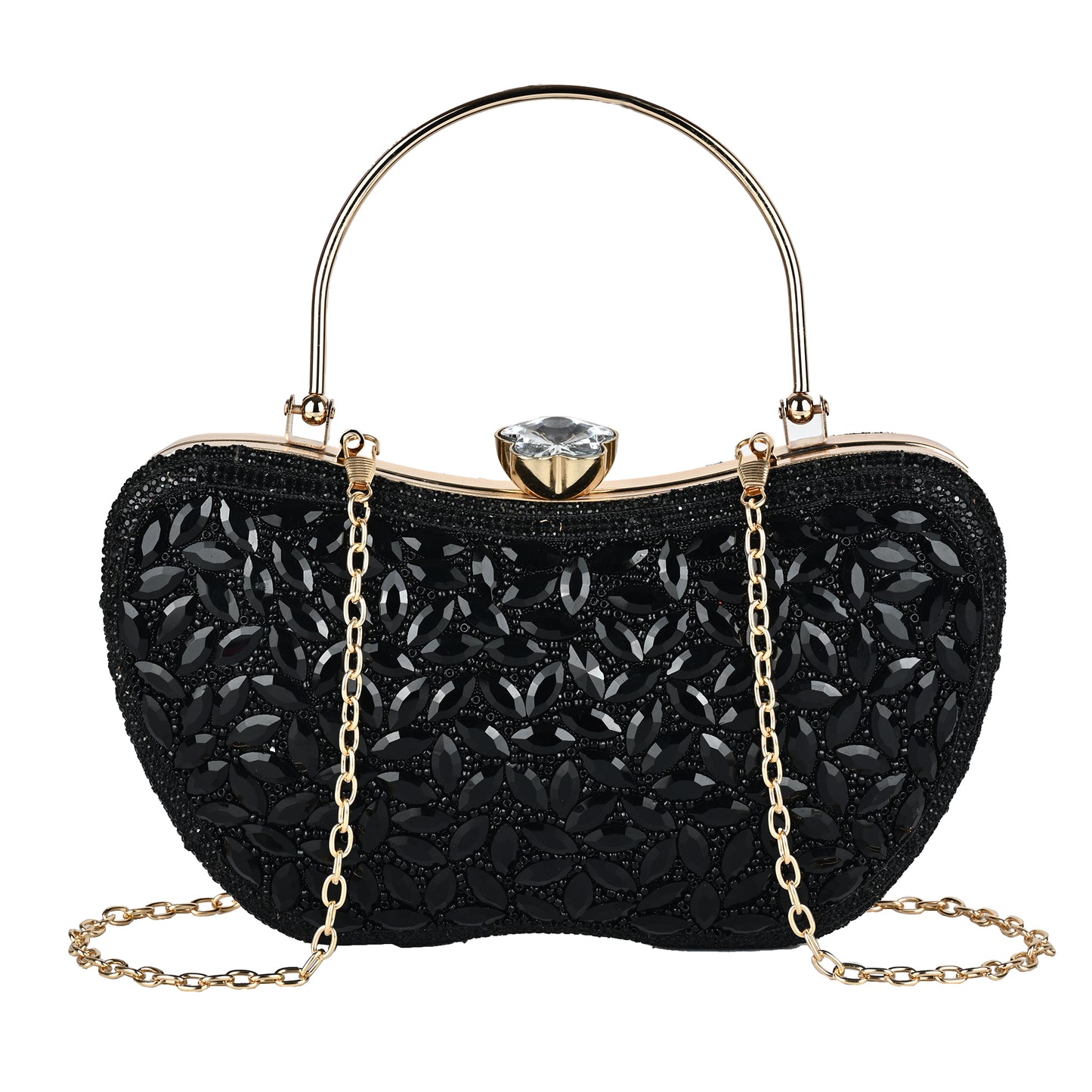 Luxury Midnight Spark Black Embellished Party Clutch with Crystal Lock & Chain Strap