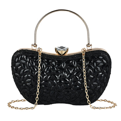 Luxury Midnight Spark Black Embellished Party Clutch with Crystal Lock & Chain Strap