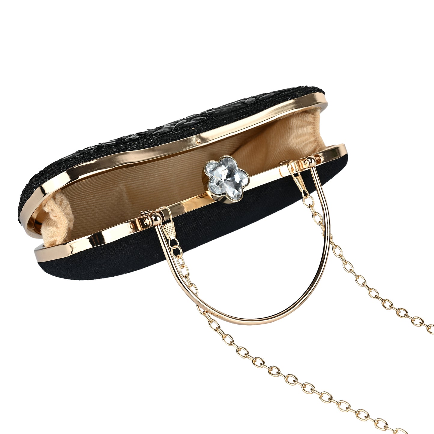 Luxury Midnight Spark Black Embellished Party Clutch with Crystal Lock & Chain Strap