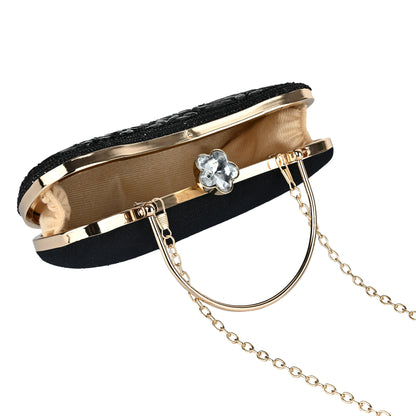 Luxury Midnight Spark Black Embellished Party Clutch with Crystal Lock & Chain Strap