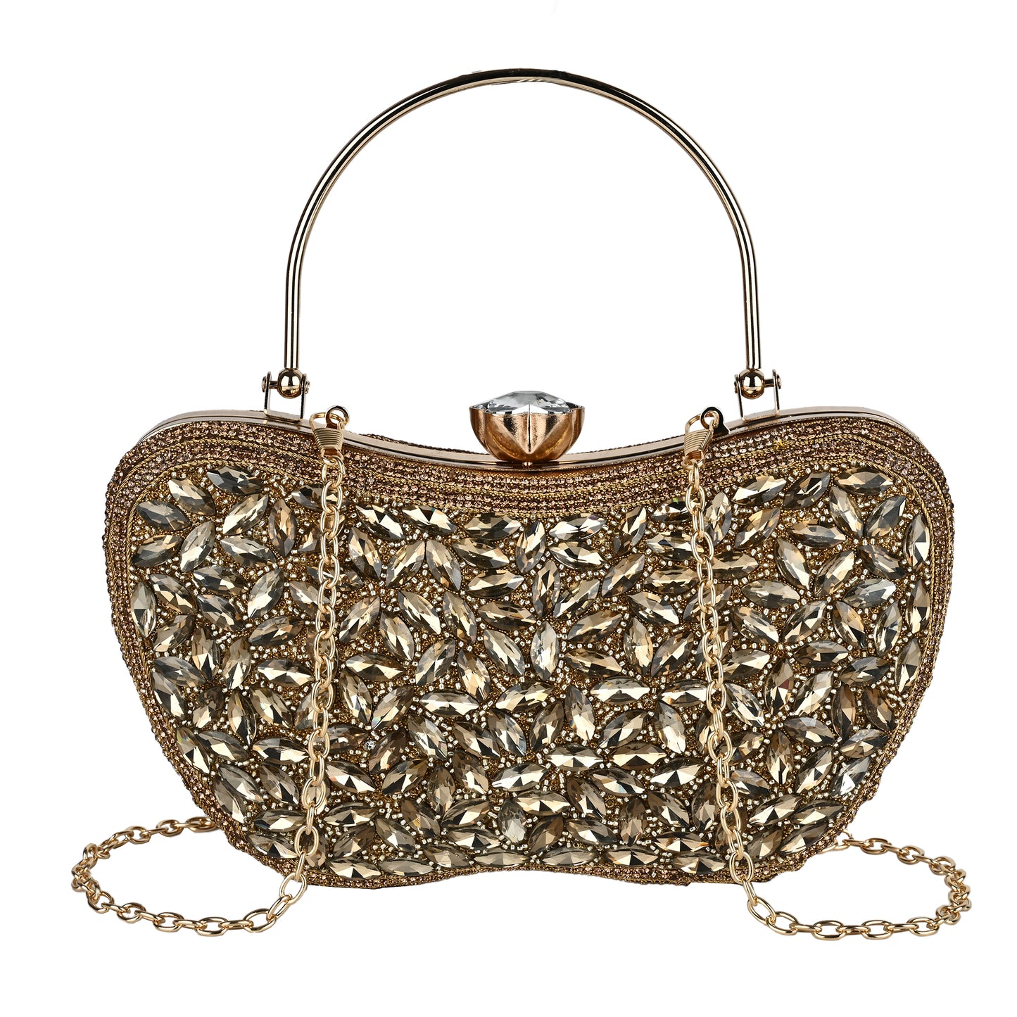 Luxury Midnight Spark Brown Embellished Party Clutch with Crystal Lock & Chain Strap