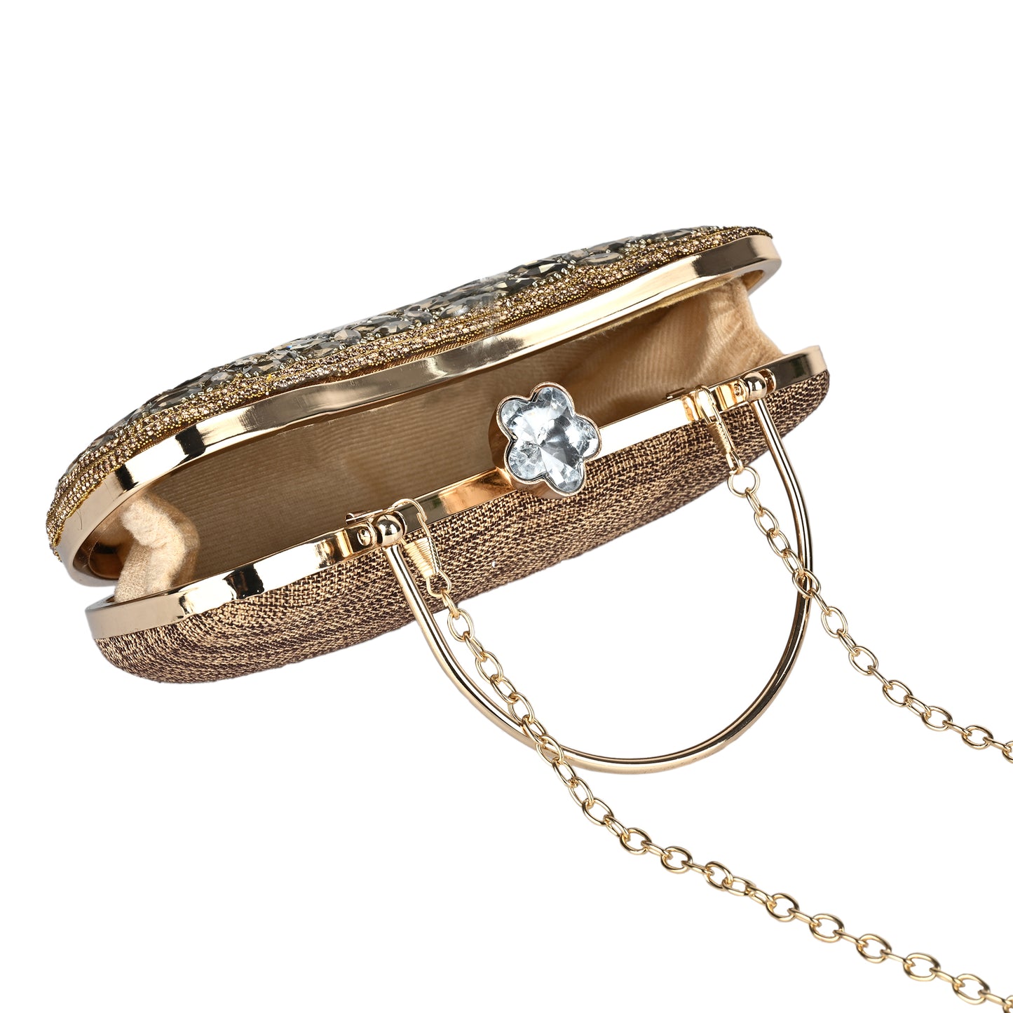Luxury Midnight Spark Brown Embellished Party Clutch with Crystal Lock & Chain Strap