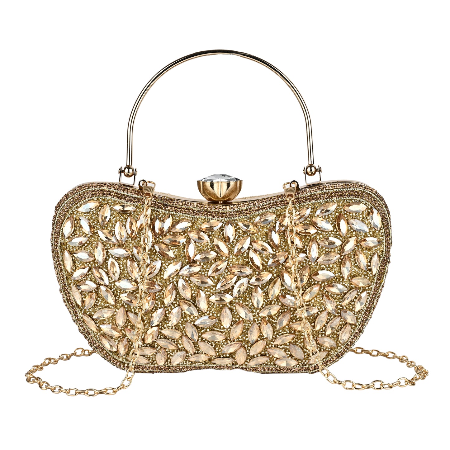 Luxury Midnight Spark Golden Embellished Party Clutch with Crystal Lock & Chain Strap