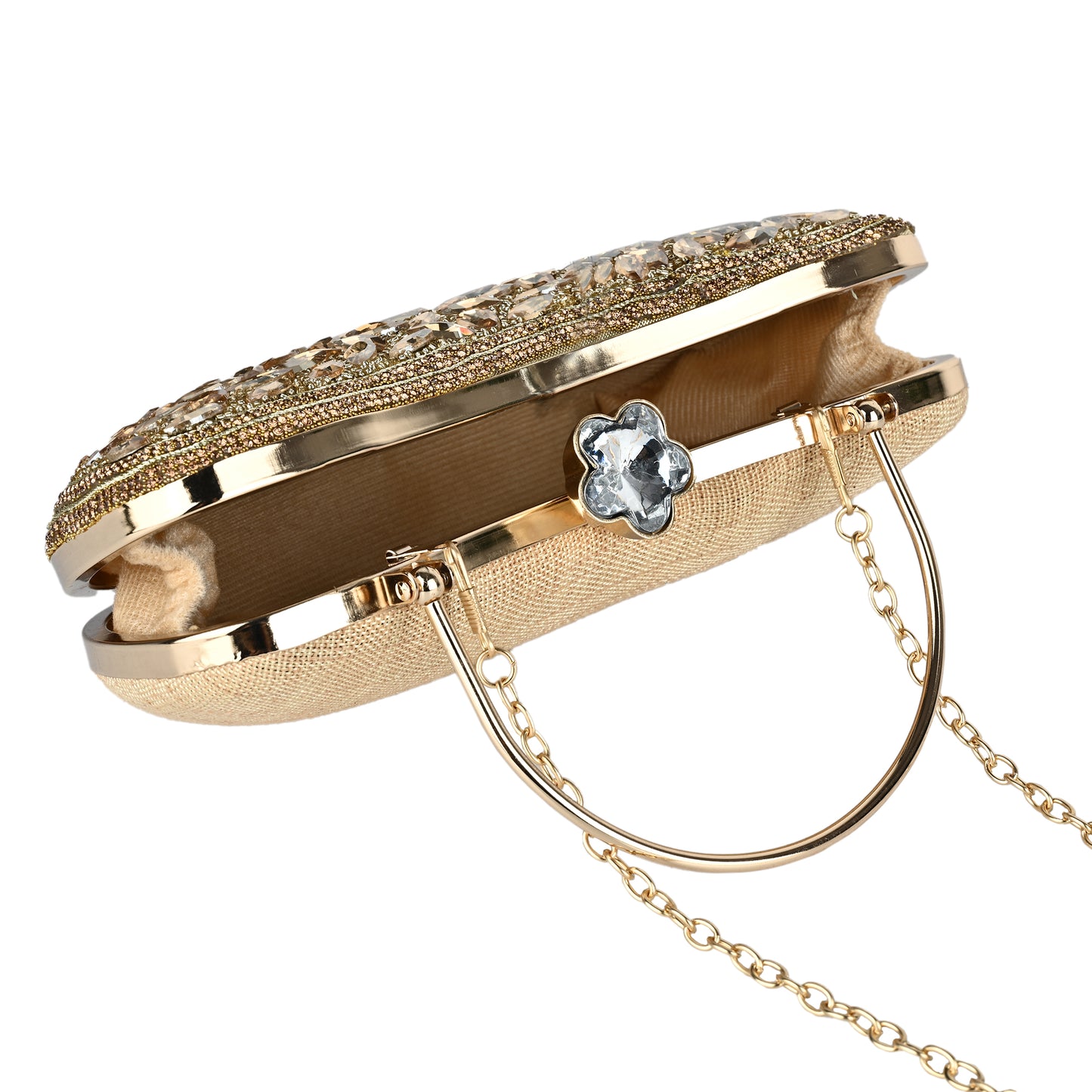 Luxury Midnight Spark Golden Embellished Party Clutch with Crystal Lock & Chain Strap