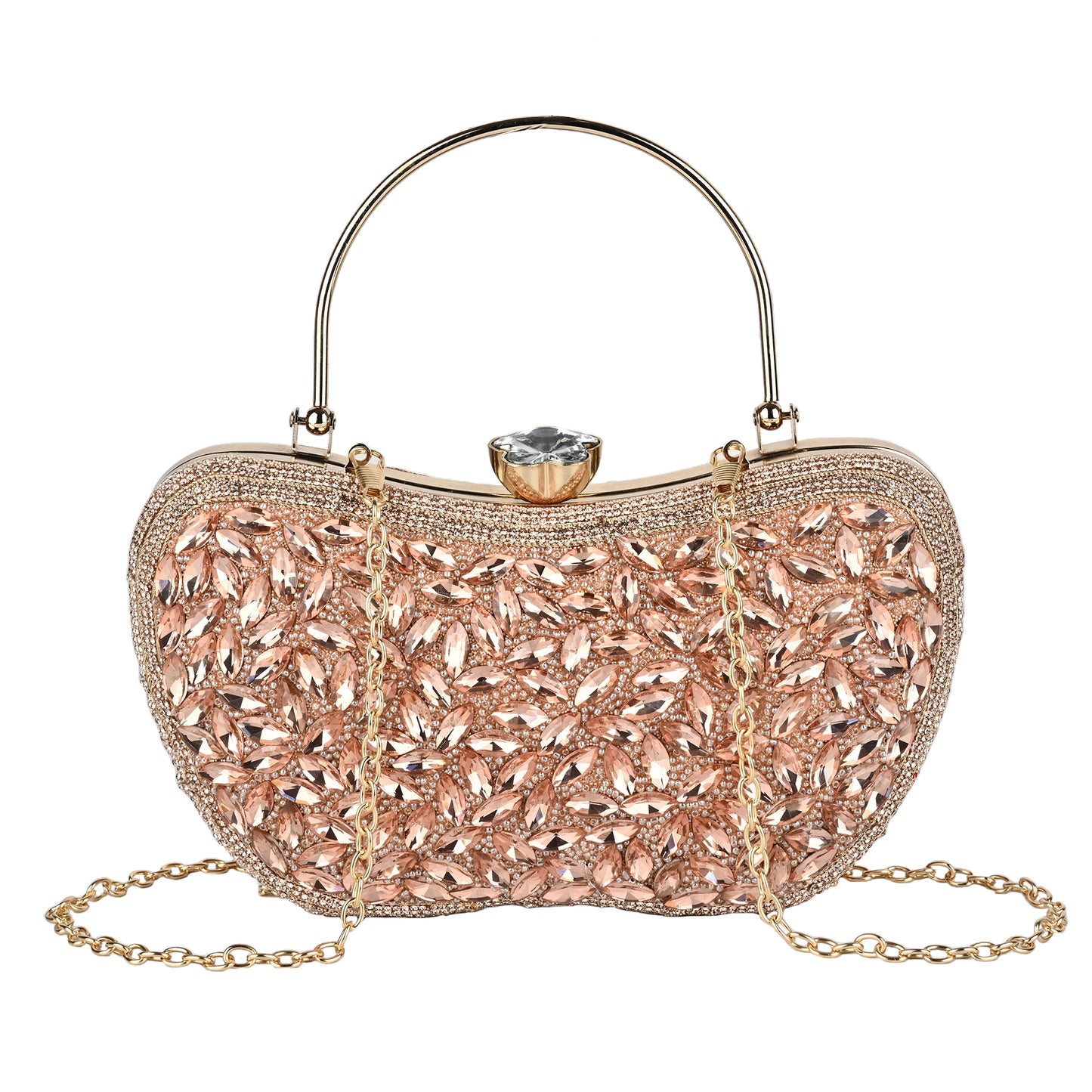 Luxury Midnight Spark Rose Gold Embellished Party Clutch with Crystal Lock & Chain Strap