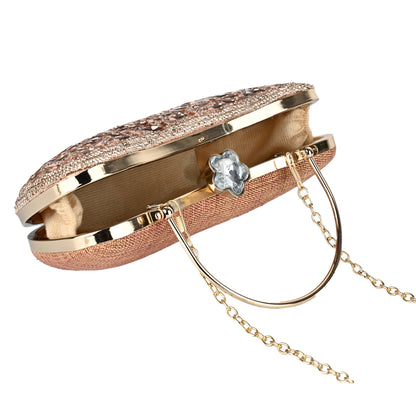 Luxury Midnight Spark Rose Gold Embellished Party Clutch with Crystal Lock & Chain Strap