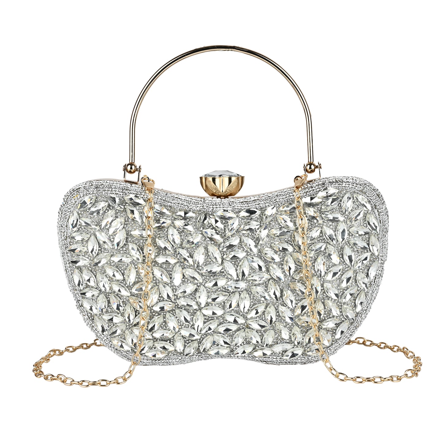 Luxury Midnight Spark White Embellished Party Clutch with Crystal Lock & Chain Strap