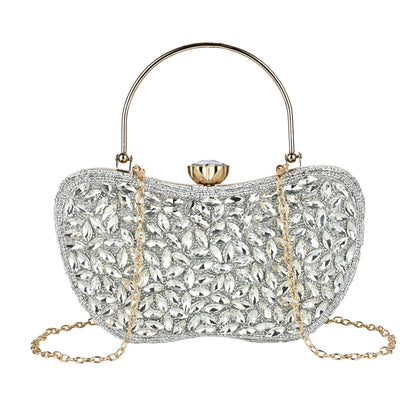 Luxury Midnight Spark White Embellished Party Clutch with Crystal Lock & Chain Strap