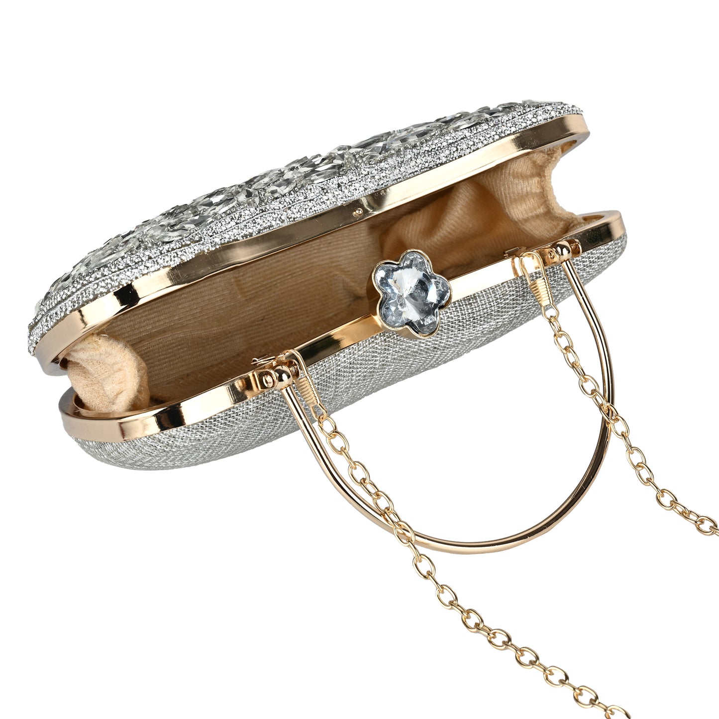 Luxury Midnight Spark White Embellished Party Clutch with Crystal Lock & Chain Strap