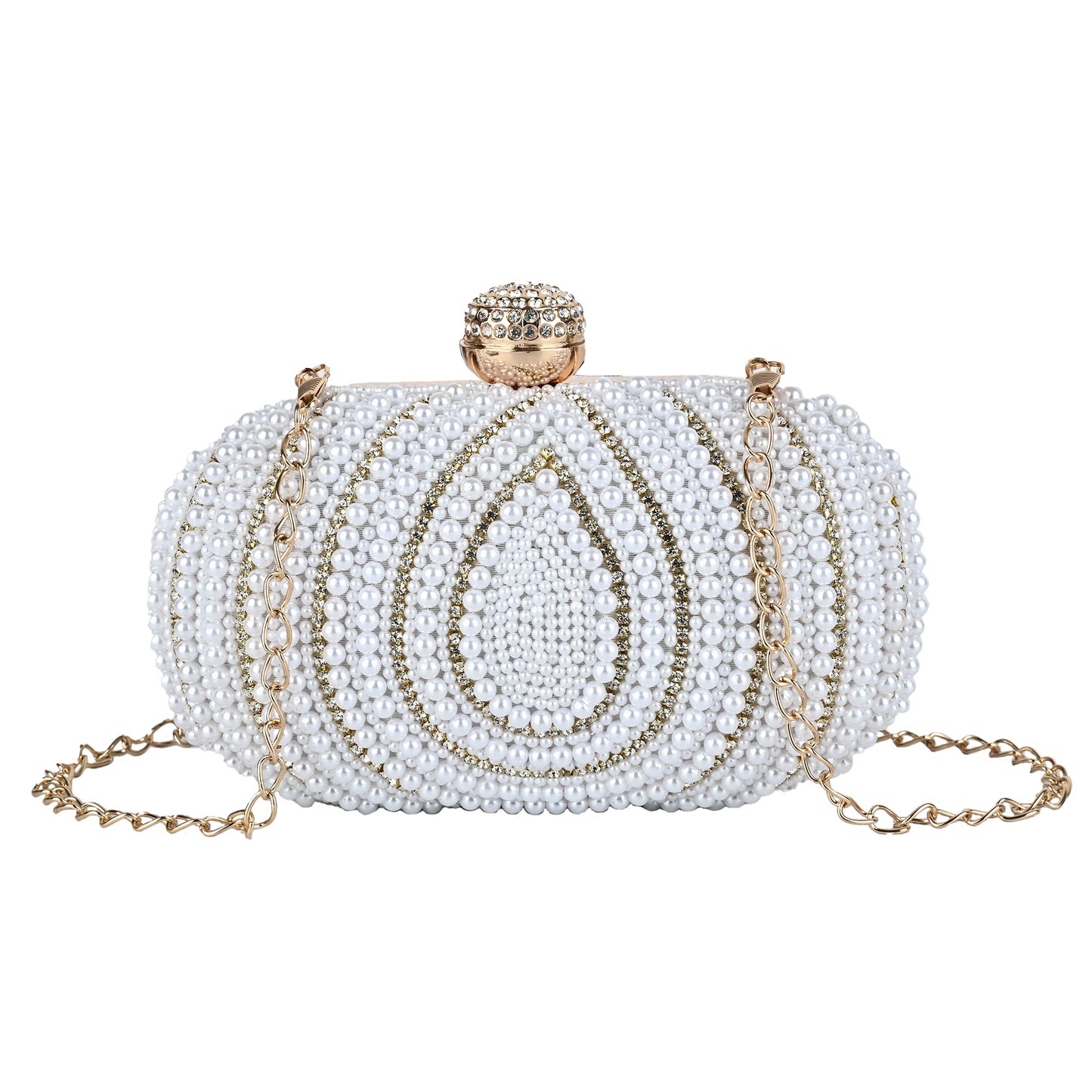 Royal Pearl Embellished Oval Clutch with Crystal Closure