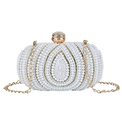 Royal Pearl Embellished Oval Clutch with Crystal Closure
