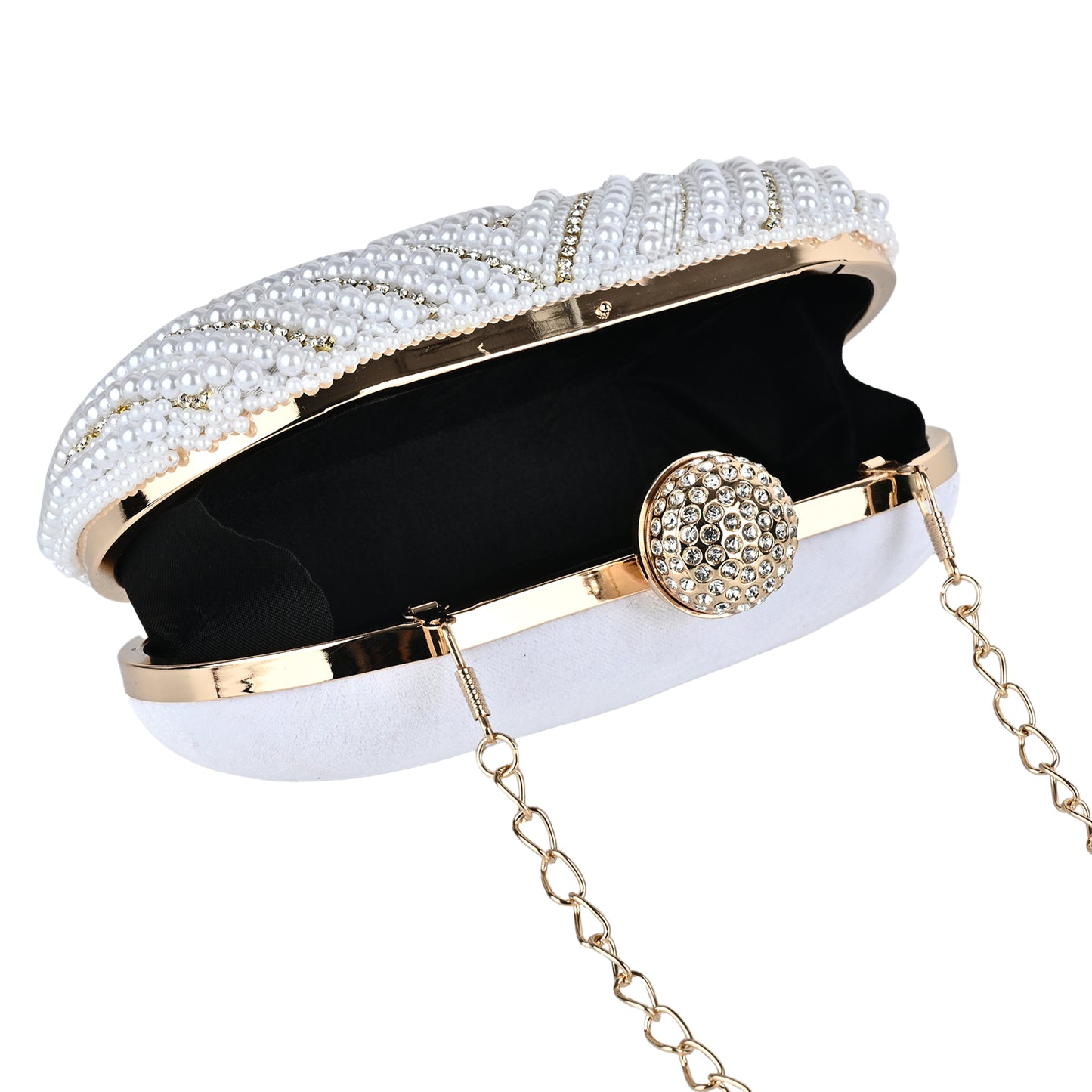 Royal Pearl Embellished Oval Clutch with Crystal Closure